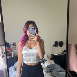 White satin corset tube top with removable chain straps